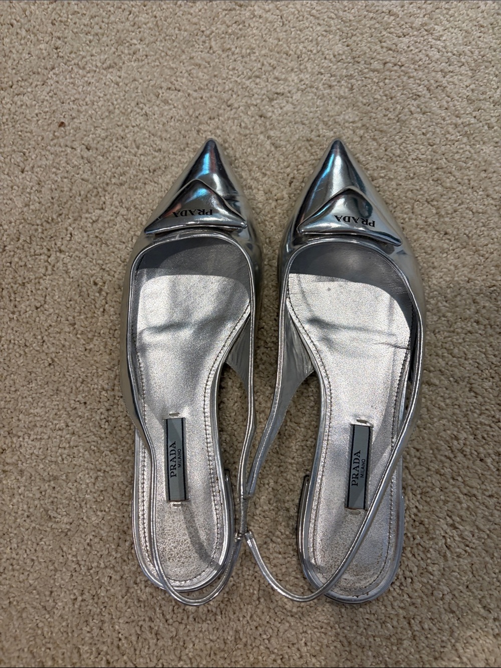 Prada Metallic Silver Pointed Slingback Heels